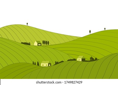 Field landscape background with hills, houses and cows. Farmland, tuscany valley, rural scene. Agriculture scenery, landscape. Nature, countryside background. Flat, striped style. Vector illustration