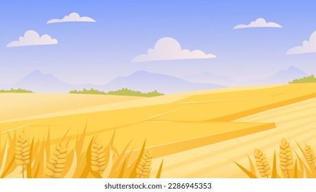 Concepto de paisaje de campo. Campo y agricultura. Bonito panorama natural con rayas amarillas. Símbolo de verano y primavera del año. Dibujo vectorial plano de dibujos animados