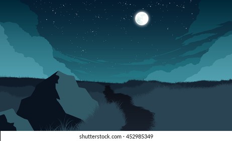field landscape flat color illustration at night time