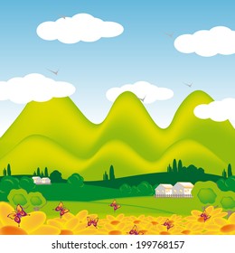field landscape with flowers, mountains and trees