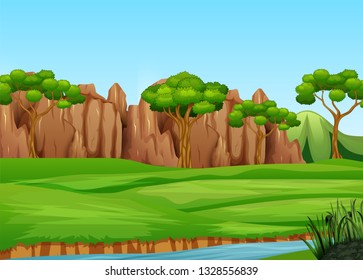 Field landscape with mani trees and river