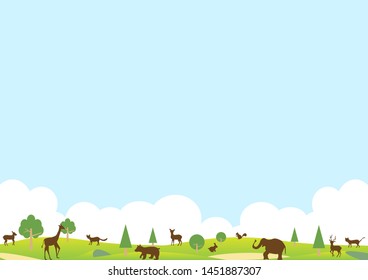 field landscape and silhouette illustration of  wild animals 