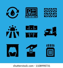 field, laptop, cabinets, medicine, make a donation, water, pills, bed and shelf vector icon. Simple icons set