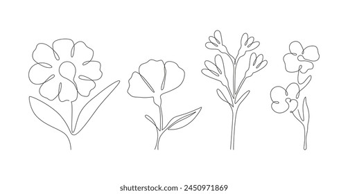 Field line art flower set. Wild flowers in one line style. Hand drawn minimalist black line sketch on a white background. Vector illustration.