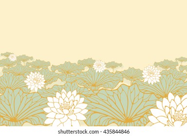 a field of lotus poster background in soft blue, ivory and gold shades.