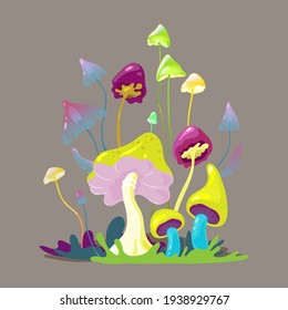 Field of magic mushrooms - central composition with mystery landscape. Hand-drawn vector illustration.