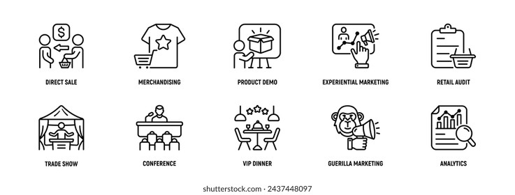 Field Marketing icon Line Icon Set, Editable Stroke. Direct, Sale, Merchandising, Product, Demo, Experiential, Retail, Audit, Strategy.