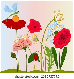 Field Meadow with Flowers and Dragonfly - Vector Illustration.