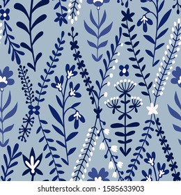 Field meadow plants, grass, herbs, stems and flowers. Silhouettes of botanical elements. Cute floral seamless pattern. Flat drawing. Folk decorative ethnic ornament for baby and kids.