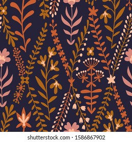 Field meadow plants, grass, herbs, stems and flowers. Silhouettes of botanical elements. Cute floral seamless pattern. Flat drawing. Folk decorative ethnic ornament for baby and kids.