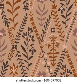 Field meadow plants, grass, herbs, stems and flowers. Silhouettes of botanical elements. Cute floral seamless pattern. Flat drawing. Folk decorative ethnic ornament for baby and kids.