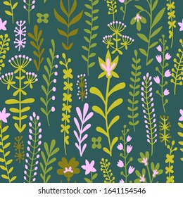 Field meadow plants, grass, herbs, stems and flowers. Silhouettes of botanical elements. Cute floral seamless pattern. Flat drawing. Folk decorative ethnic ornament for baby and kids.