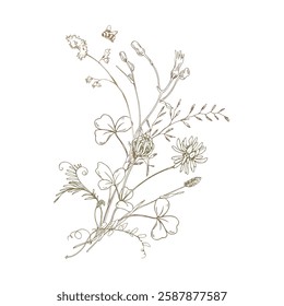 Field, meadow, wild flowers and herbs clover with shepherd s purse, pollen and bumblebee. Line art is a simple hand-drawn illustration in beige, ochre, brown ink. Bouquet composition vector EPS