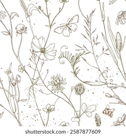 Field, meadow, wild flowers and herbs cosmos, chamomile, clover and insects. Line art is a simple hand-drawn illustration in beige, ochre, brown ink. Seamless pattern vector EPS