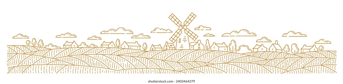 Field with a mill and village. Rural landscape. Vector line. Editable outline stroke.