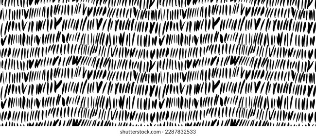 Field motif seamless pattern. Vertical short simple lines ornament. Grass seamless horizontal banner drawn with brush. Vector black ink illustration. Natural abstract ornament with vertical lines.