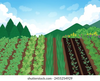 Field and mountain landscape illustration