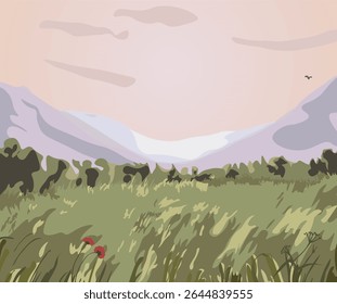 field in the mountains Alps, Provence, forest mountains space spring summer ecology landscape background for staging a stage banner for a corporate party poppies herbs of Provence