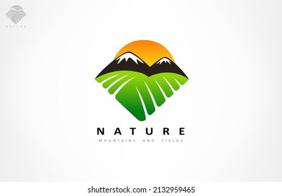 Field, Mountains and the Sun - Agriculture logo vector. Nature logo design.