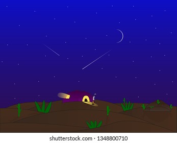 A field at night with a yurt.