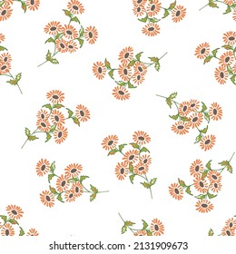 Field of orange chamomile, great design for any purposes. Abstract bouquet design. Retro style on white background.