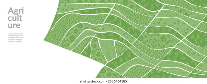 Field pattern, farm background, agriculture. Abstract geometric patchwork, aerial environment, eco mosaic. Organic rice farmland countryside with terrace wheat plantation and rural landscape design