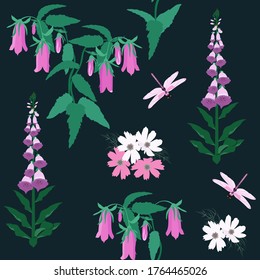 Field pink bells, digitalis and dragonflies on a dark, seamless background. Vector illustration. For decorating textiles, packaging, wallpaper.