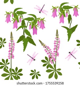 Field pink bells, lupines and dragonfly on a white, seamless background. Vector illustration. For decorating textiles, packaging, wallpaper.