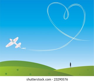 Field with plane and heart on the sky
