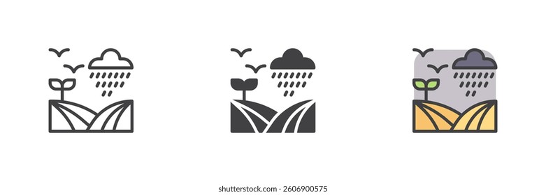 Field, plant, birds, cloud, and rain different style icon set. Line, glyph and filled outline colorful version, outline and filled vector sign. Symbol, logo illustration. Vector graphics