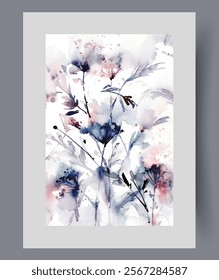 Field plants and grasses with splashes paint symbolize diversity of nature and environment on wall art. Watercolor artwork. Poster with wild plants and fragrant flowers, in frame with decor for print