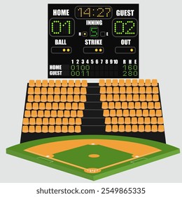 Field to play baseball team game and seats for fan sector spectators. Baseball arena stadium. Vector illustration.