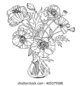 field poppies  for adult coloring book in zenart style. Hand-drawn, retro, doodle, vector, uncoloured. The best for your design, textiles, posters, coloring book in vector.