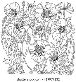 field poppies. Spring Pattern for adult coloring book in zenart style. Hand-drawn, retro, doodle, vector, uncoloured. The best for your design, textiles, posters, coloring book in vector.