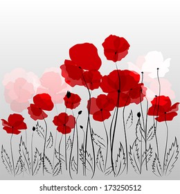 Field of red poppies on abstract grey background