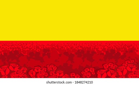 Campo de rosas rojas. Un mar interminable de flores rojas bajo un cielo amarillo. Imagen vectorial para ilustraciones.