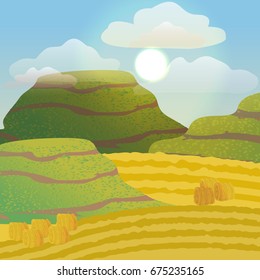 Field of ripe wheat with haystacks and green hills. Beautiful morning summer or early autumn vector landscape can be used in newsletter, brochures, postcards, banner.