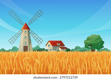 Field with ripe wheat, mill and farmer house. Vector agriculture and farming, rural area with growing cereal crops. Millhouse with propellers, natural and organic production in eco village