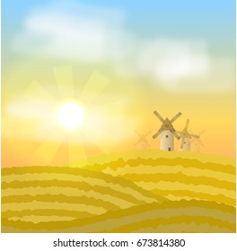 A field of ripe wheat with mills in the distance. Dawn at the time of harvest. Thanksgiving Day. Autumnal vector landscape can be used in newsletter, brochures, postcards, banner.