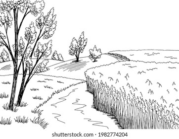 Field road graphic black white rural landscape sketch illustration vector