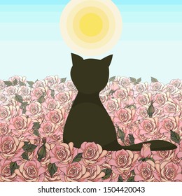 Field of roses with dark black cat, sun shining and blue sky vector illustration