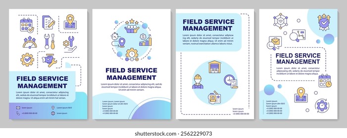 Field service management blue circle brochure template. FMS system. Real-time tracking. Leaflet design with linear icons. Editable 4 vector layouts