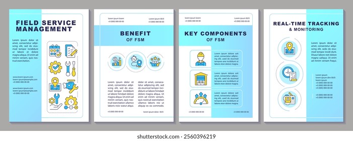 Field service management blue gradient brochure template. FMS system. Real-time tracking. Leaflet design with linear icons. Editable 4 vector layouts