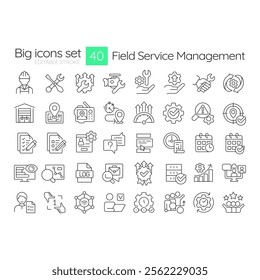 Field service management linear icons set. FMS system. Represent tools, gears, documents and workflows. Customizable thin line symbols. Isolated vector outline illustrations. Editable stroke