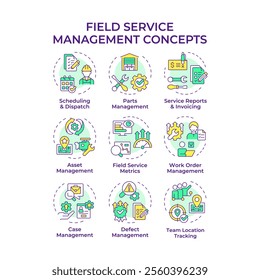 Field service management multi color concept icons. Optimization in FSM operations. Managing workforce, equipment, assets. Icon pack. Vector images. Round shape illustrations. Abstract idea