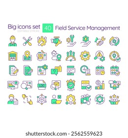 Field service management RGB color icons set. FMS system. Represent tools, gears, documents and workflows. Isolated vector illustrations. Simple filled line drawings collection. Editable stroke