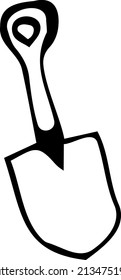 A field shovel. Black and white vector illustration, hand-drawn. Isolated object on a white background. Clipart, template, sketch.