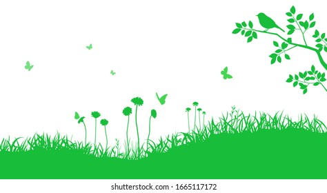 Field silhouette Background and Flying birds, Butterfly, Flowering plant