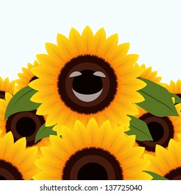 Field with a smiling sunflower against the sky.