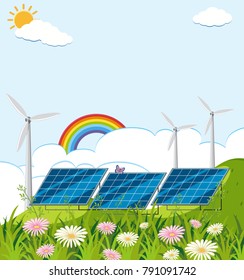Field with solar cell and wind turbines illustration